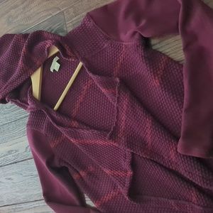 LUCKY BRAND I Merlot Burgundy Waffle Weave Open Front Hooded Sweater Cardigan, S